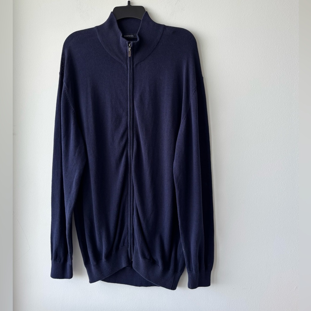 Men’s Cortefiel Sweater Full Zip Navy Blue Mock Neck Cotton Soft Touch Men’s XXL